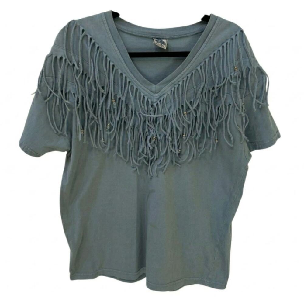 VTG Ever Blue Blue Fringe Beaded One Size Whimsygoth Western Boho V-Neck Tee